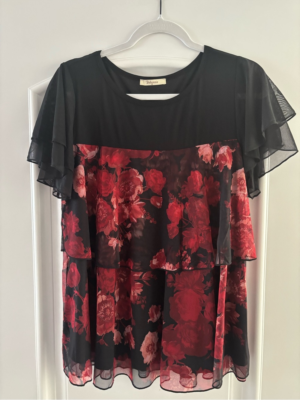 New Black & Red Floral Layered Boho Top